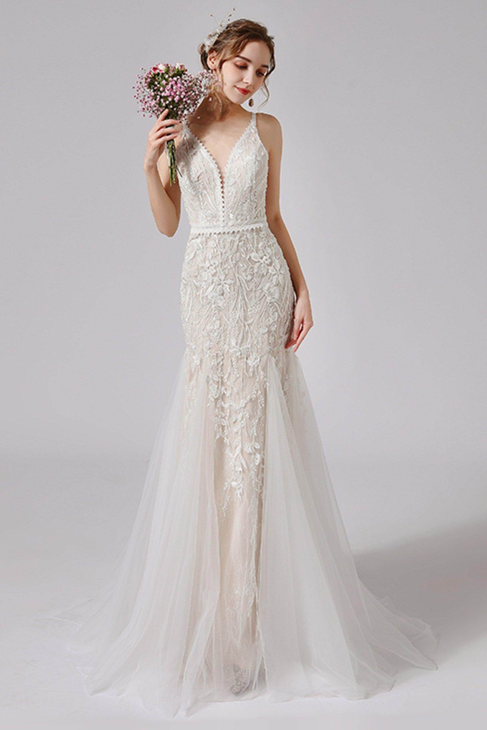 Trumpet Sweep-Brush Train Lace Tulle Wedding Dress CW2719 - COCOMELODY